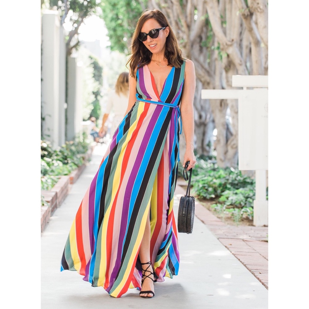 AQUA Rainbow Striped Maxi Wrap Dress size XS